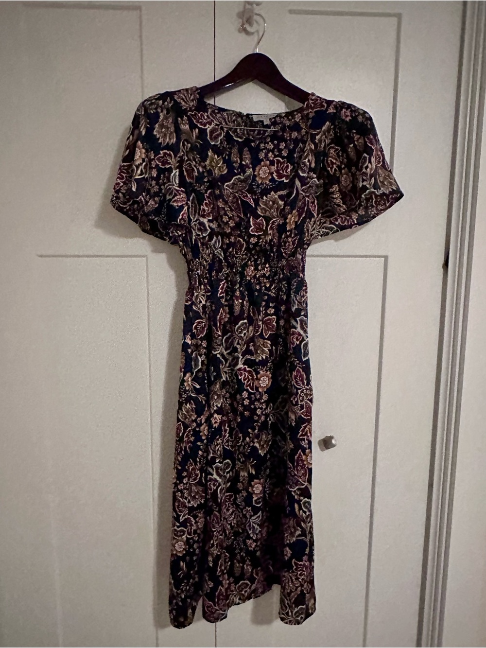 Hayden Navy Floral Midi Dress with Puff‎ Sleeves